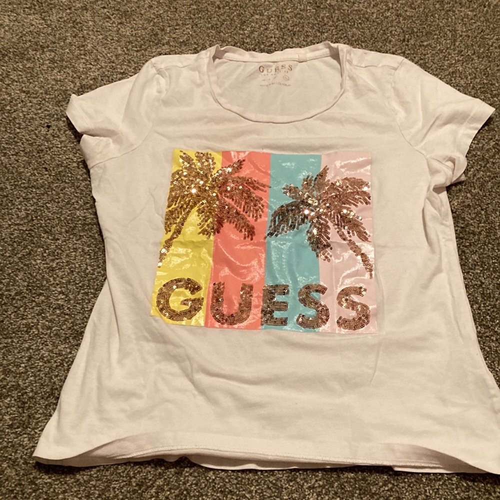 Guess White Tee with Sequin Palm Design